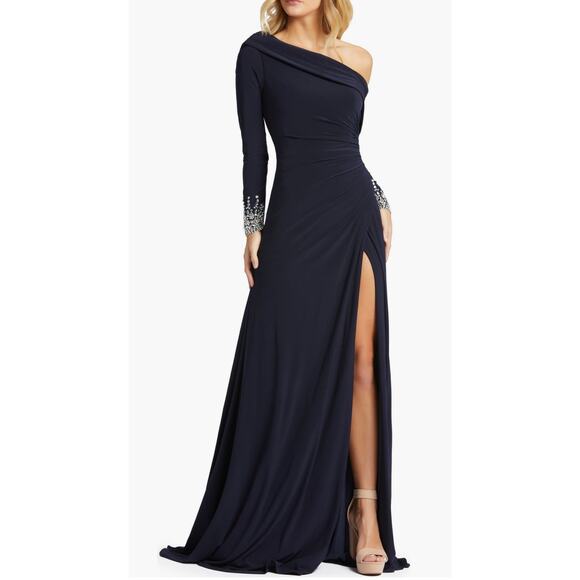 Mac Duggal Beaded Cuff Drop Shoulder Faux Wrap Long Navy Gown Size 14 NWT #12231 - Picture 1 of 15